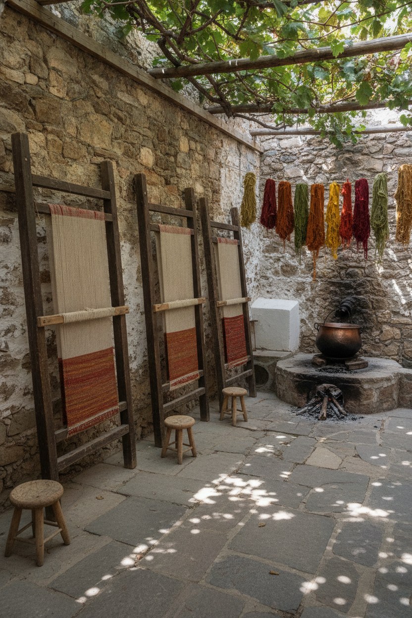 Taş duvarlı avluda üç dikey tezgâh ve boyahane köşesi